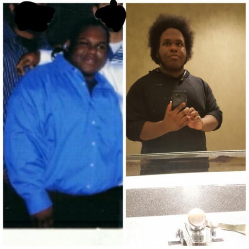 A before and after photo of a 5'5" male showing a weight reduction from 400 pounds to 255 pounds. A total loss of 145 pounds.