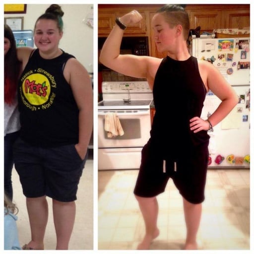 A before and after photo of a 5'8" female showing a weight reduction from 245 pounds to 195 pounds. A net loss of 50 pounds.