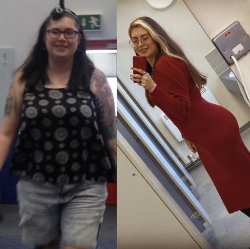 A progress pic of a 5'6" woman showing a fat loss from 210 pounds to 154 pounds. A respectable loss of 56 pounds.
