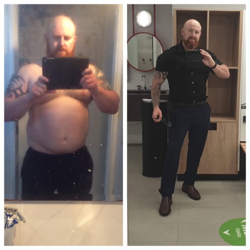 A photo of a 6'1" man showing a weight cut from 330 pounds to 220 pounds. A respectable loss of 110 pounds.