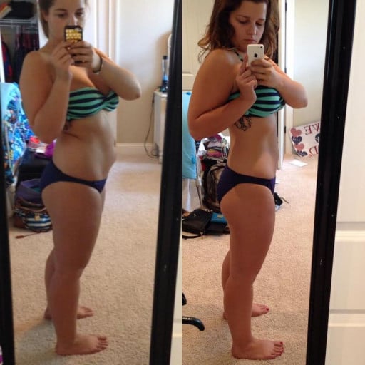 A before and after photo of a 5'3" female showing a weight cut from 178 pounds to 163 pounds. A respectable loss of 15 pounds.