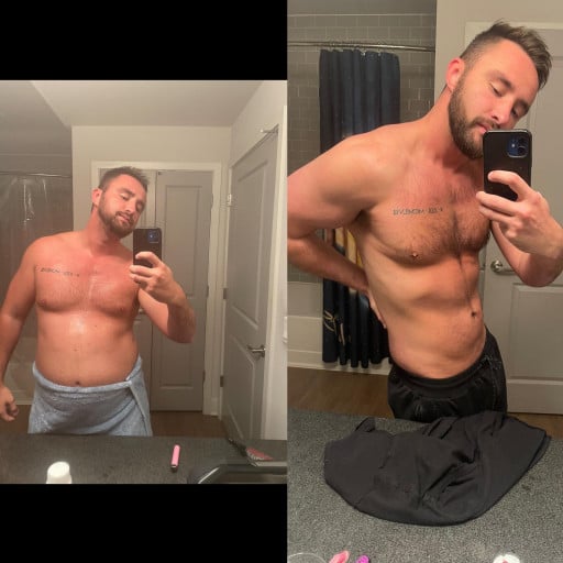 A before and after photo of a 6'0" male showing a weight reduction from 260 pounds to 180 pounds. A respectable loss of 80 pounds.