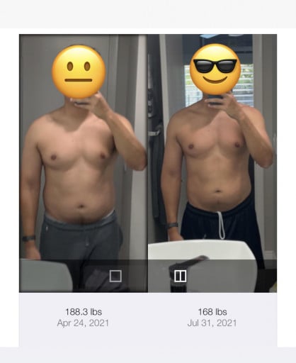 A photo of a 5'10" man showing a weight cut from 190 pounds to 168 pounds. A total loss of 22 pounds.
