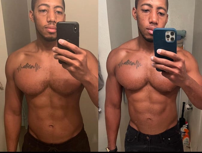 A before and after photo of a 6'0" male showing a muscle gain from 199 pounds to 223 pounds. A net gain of 24 pounds.