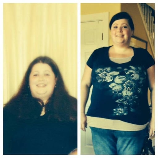 A picture of a 5'5" female showing a weight loss from 370 pounds to 280 pounds. A net loss of 90 pounds.