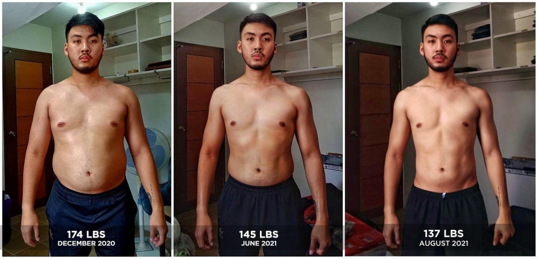 A picture of a 5'7" male showing a weight loss from 174 pounds to 145 pounds. A respectable loss of 29 pounds.