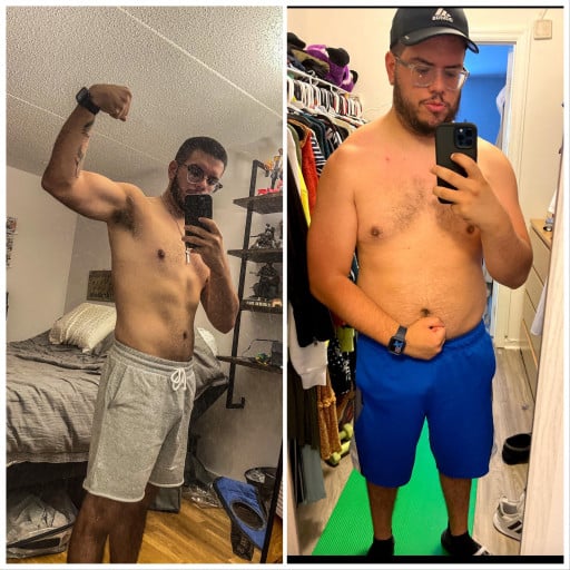 A progress pic of a 5'11" man showing a fat loss from 235 pounds to 185 pounds. A total loss of 50 pounds.