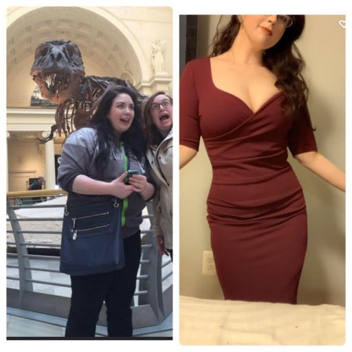 A before and after photo of a 5'1" female showing a weight reduction from 210 pounds to 134 pounds. A respectable loss of 76 pounds.
