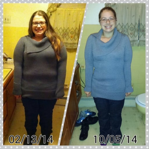 A progress pic of a 5'2" woman showing a fat loss from 238 pounds to 168 pounds. A respectable loss of 70 pounds.