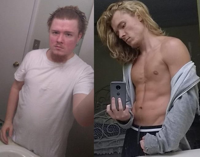 A progress pic of a 5'9" man showing a fat loss from 210 pounds to 150 pounds. A respectable loss of 60 pounds.