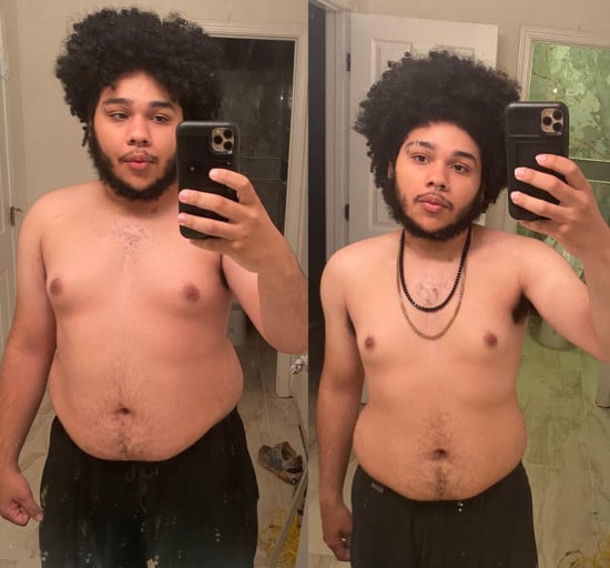 A before and after photo of a 5'7" male showing a weight reduction from 225 pounds to 179 pounds. A respectable loss of 46 pounds.