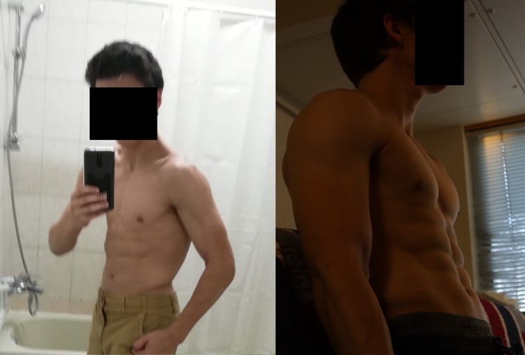 A photo of a 5'8" man showing a muscle gain from 150 pounds to 165 pounds. A total gain of 15 pounds.