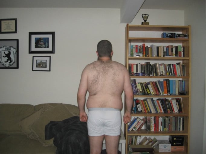 A before and after photo of a 5'8" male showing a snapshot of 213 pounds at a height of 5'8