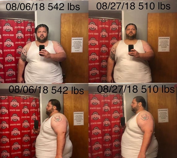 A progress pic of a 6'1" man showing a fat loss from 542 pounds to 510 pounds. A net loss of 32 pounds.