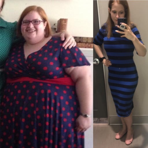 A picture of a 5'3" female showing a weight loss from 322 pounds to 142 pounds. A total loss of 180 pounds.