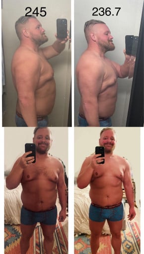 A before and after photo of a 5'9" male showing a weight reduction from 245 pounds to 237 pounds. A total loss of 8 pounds.