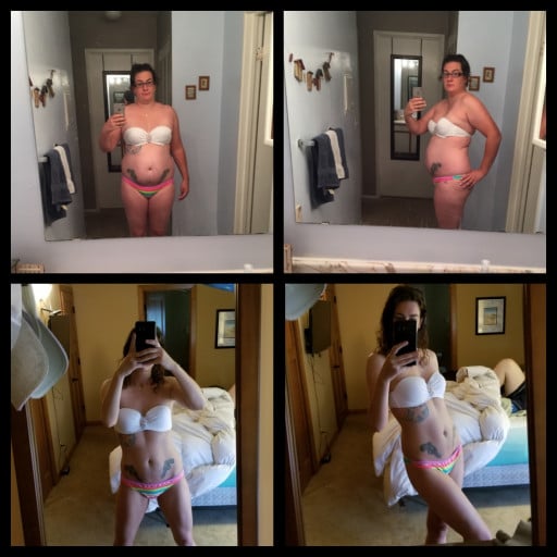 A photo of a 5'7" woman showing a weight cut from 213 pounds to 139 pounds. A total loss of 74 pounds.