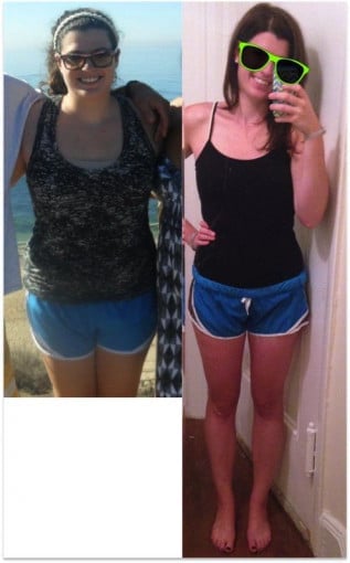 A photo of a 5'8" woman showing a weight cut from 190 pounds to 150 pounds. A respectable loss of 40 pounds.