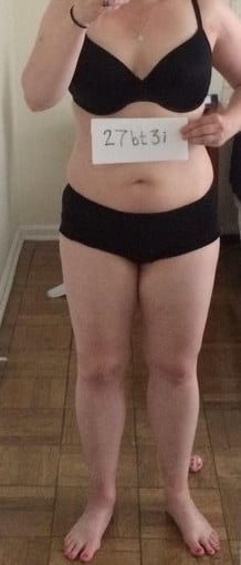 A before and after photo of a 5'5" female showing a snapshot of 169 pounds at a height of 5'5