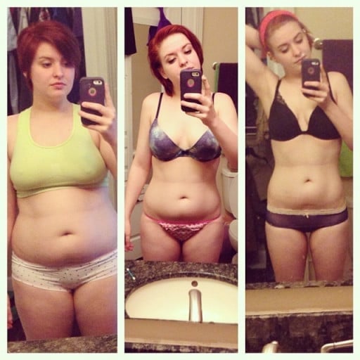 A photo of a 5'5" woman showing a weight cut from 185 pounds to 150 pounds. A respectable loss of 35 pounds.