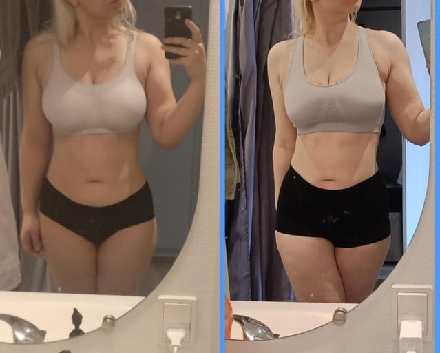 Progress Pics of 16 lbs Fat Loss 5 feet 7 Female 181 lbs to 165 lbs