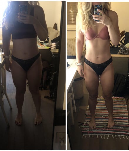 A before and after photo of a 5'4" female showing a weight reduction from 140 pounds to 126 pounds. A respectable loss of 14 pounds.