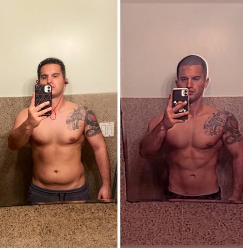 A photo of a 5'8" man showing a weight cut from 205 pounds to 172 pounds. A total loss of 33 pounds.