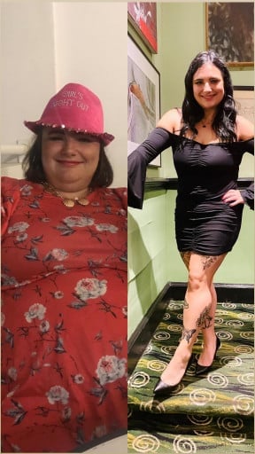 A photo of a 5'1" woman showing a weight cut from 269 pounds to 157 pounds. A net loss of 112 pounds.