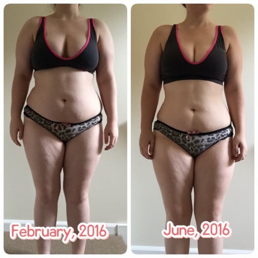A before and after photo of a 4'11" female showing a weight loss from 178 pounds to 148 pounds. A net loss of 30 pounds.