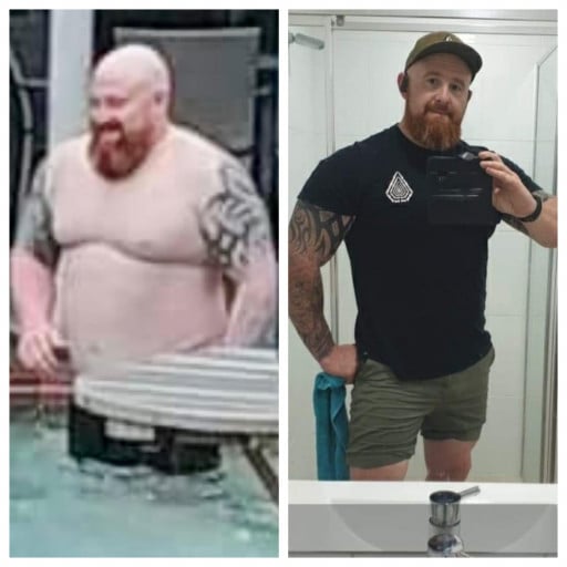 A picture of a 6'2" male showing a weight loss from 330 pounds to 218 pounds. A net loss of 112 pounds.