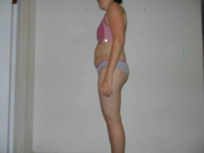 A before and after photo of a 5'7" female showing a snapshot of 158 pounds at a height of 5'7