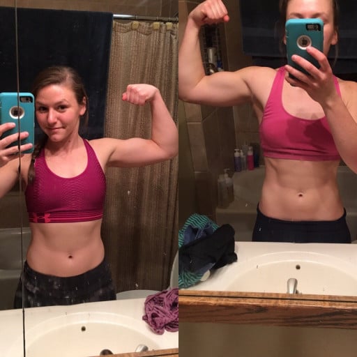 A photo of a 5'6" woman showing a weight cut from 153 pounds to 143 pounds. A net loss of 10 pounds.