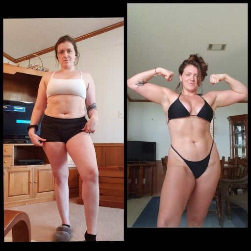 A progress pic of a 5'5" woman showing a fat loss from 185 pounds to 167 pounds. A respectable loss of 18 pounds.