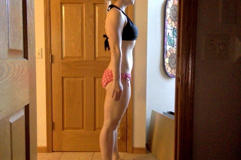 A before and after photo of a 5'8" female showing a snapshot of 168 pounds at a height of 5'8
