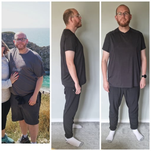A progress pic of a 6'1" man showing a fat loss from 277 pounds to 213 pounds. A respectable loss of 64 pounds.