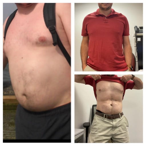 A progress pic of a 5'6" man showing a fat loss from 193 pounds to 166 pounds. A net loss of 27 pounds.