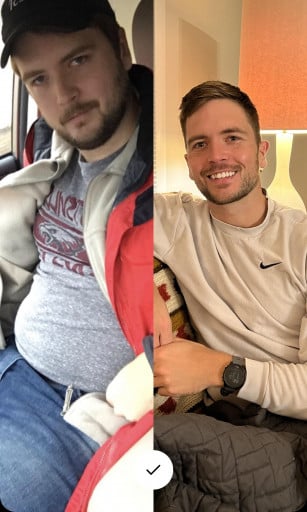 A before and after photo of a 6'1" male showing a weight reduction from 225 pounds to 185 pounds. A respectable loss of 40 pounds.