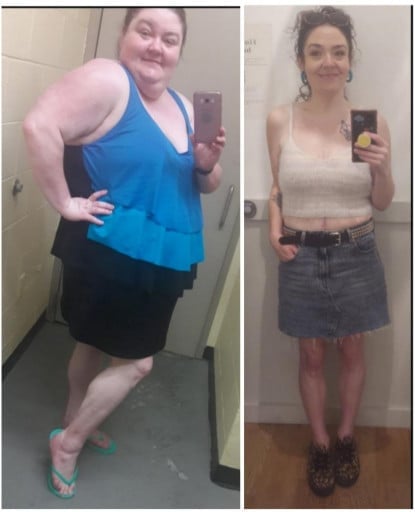A progress pic of a 5'8" woman showing a fat loss from 353 pounds to 151 pounds. A net loss of 202 pounds.