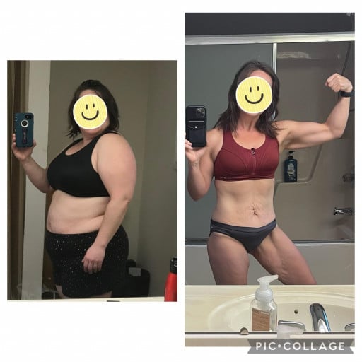 A photo of a 5'1" woman showing a weight cut from 208 pounds to 128 pounds. A net loss of 80 pounds.