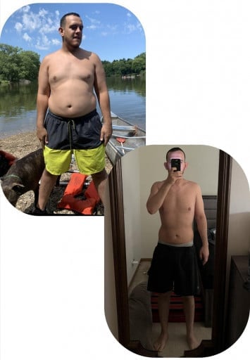 A picture of a 6'3" male showing a weight loss from 265 pounds to 201 pounds. A net loss of 64 pounds.