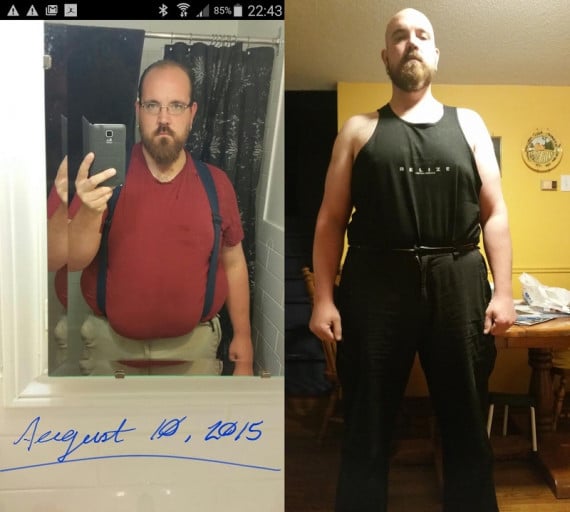 A progress pic of a 6'0" man showing a fat loss from 355 pounds to 302 pounds. A total loss of 53 pounds.