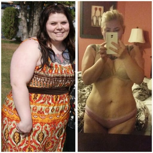 A photo of a 5'4" woman showing a weight cut from 292 pounds to 192 pounds. A total loss of 100 pounds.