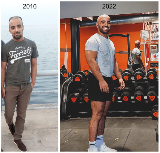 A before and after photo of a 5'9" male showing a muscle gain from 156 pounds to 187 pounds. A total gain of 31 pounds.