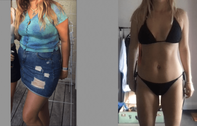 A progress pic of a 5'7" woman showing a fat loss from 189 pounds to 149 pounds. A net loss of 40 pounds.