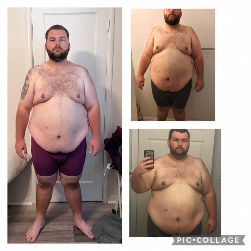 A photo of a 5'8" man showing a weight cut from 384 pounds to 301 pounds. A respectable loss of 83 pounds.