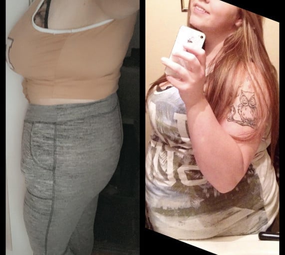 A before and after photo of a 5'6" female showing a weight reduction from 300 pounds to 184 pounds. A total loss of 116 pounds.