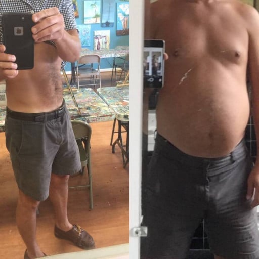 A progress pic of a 6'2" man showing a fat loss from 210 pounds to 180 pounds. A respectable loss of 30 pounds.