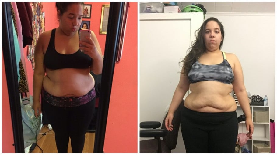 A progress pic of a 5'4" woman showing a fat loss from 250 pounds to 225 pounds. A total loss of 25 pounds.