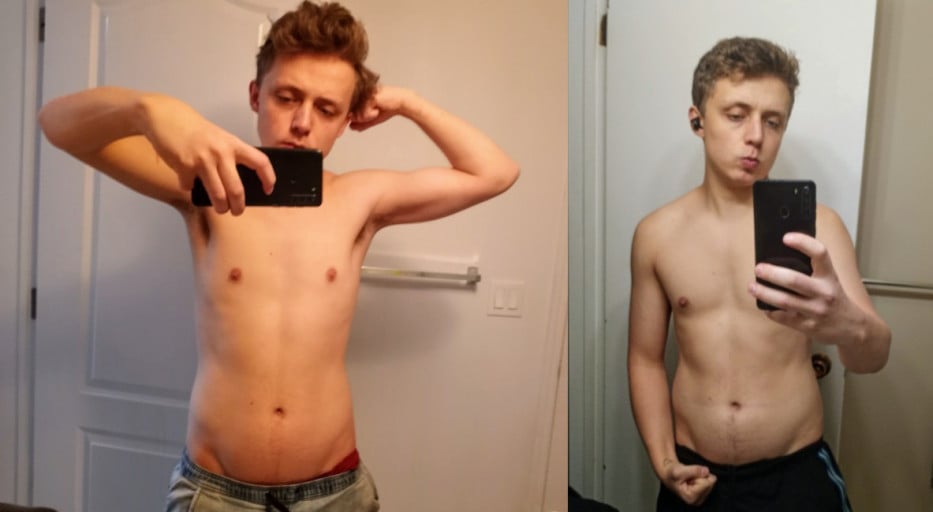 A progress pic of a 5'9" man showing a fat loss from 176 pounds to 169 pounds. A total loss of 7 pounds.
