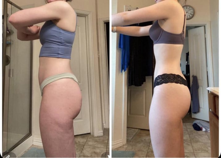 A before and after photo of a 5'8" female showing a weight reduction from 157 pounds to 155 pounds. A respectable loss of 2 pounds.